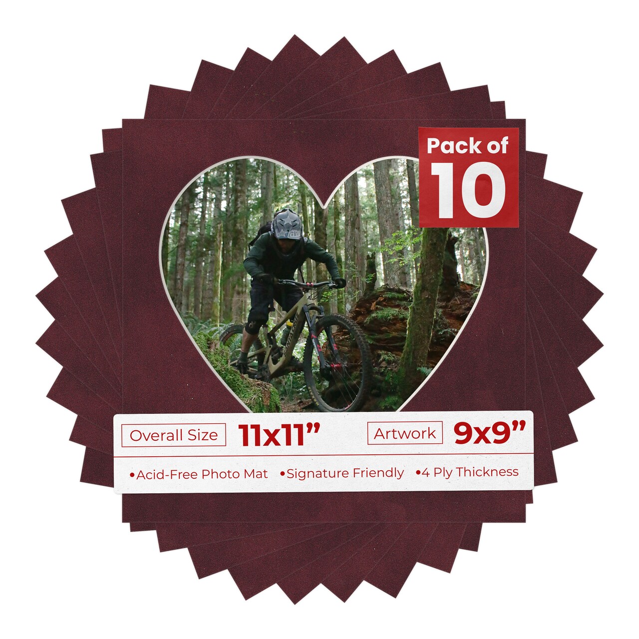 Dark Red Suede Mat Board for 11x11 Frames - Heart Opening for 9x9 Photos